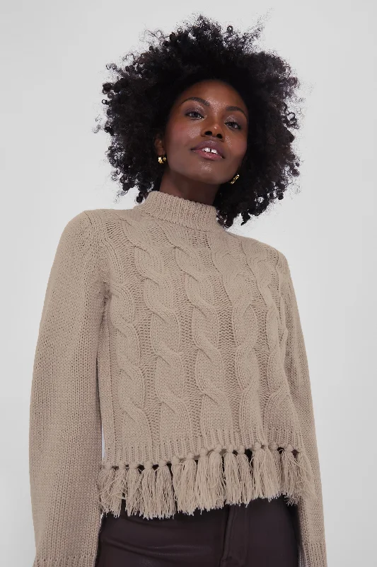 Striped Women Sweater with a Timeless PatternTaupe Fringe Cable Knit Sweater