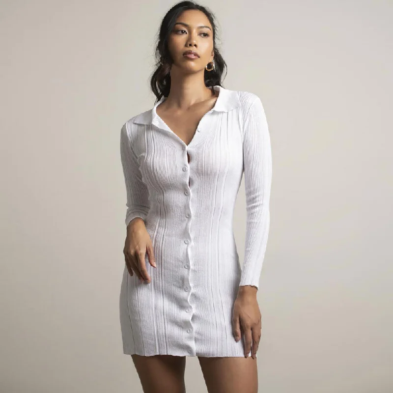 Lightweight Women Sweater for Spring and FallTrendy Folded Collar Button Down White Fitted Rib Knit Mini Dress