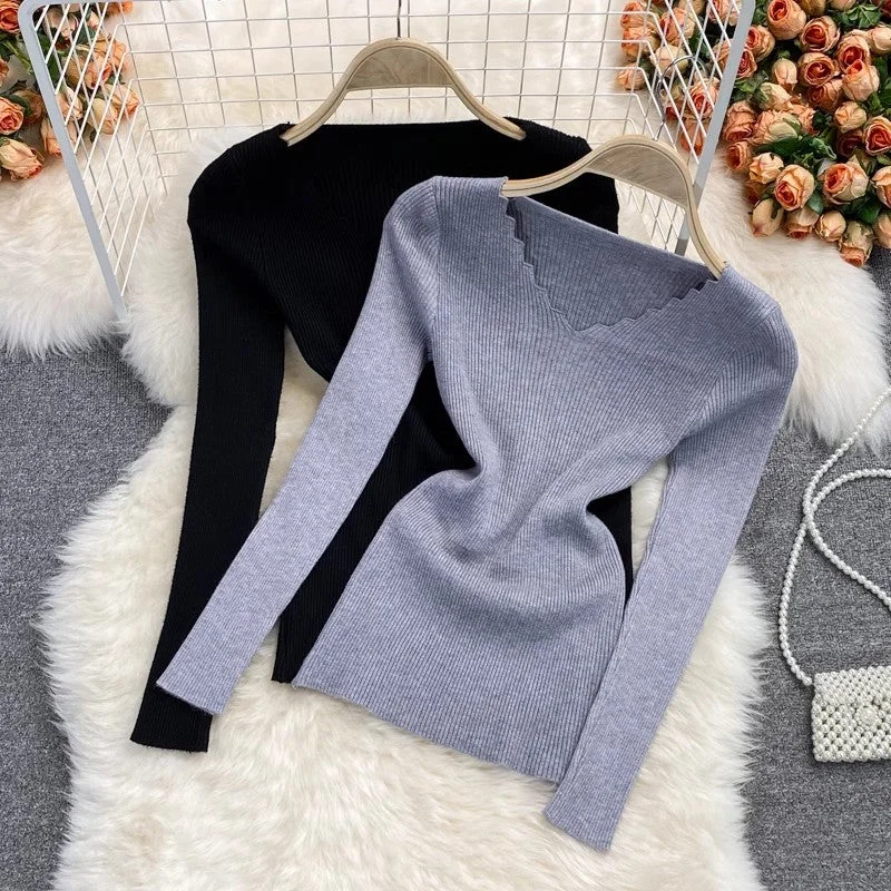 Hooded Women Sweater for Added Comfort and StyleV-neck stretch knitted shirt for women sweater long-sleeved short top    S3977