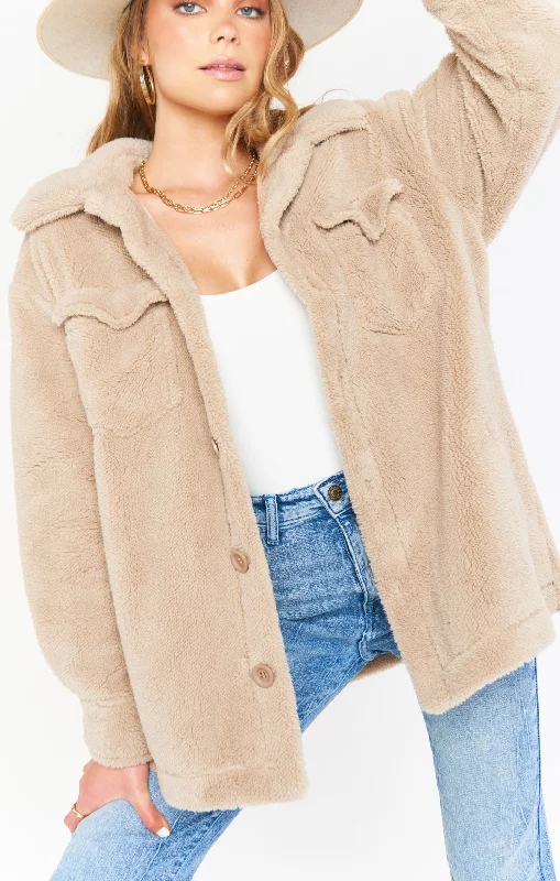 Organic Cotton Women Sweater for an Eco - Friendly ChoiceWhistler Shirt Jacket ~ Taupe Faux Sherpa