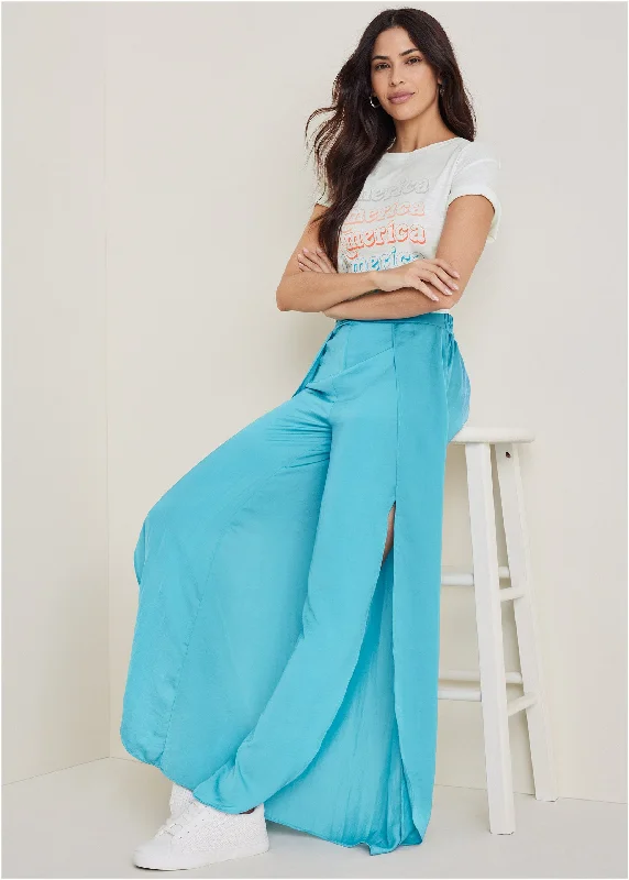 Cashmere Women Sweater with a Luxurious Soft TouchTulip Hem Wide Leg Pants  - Blue