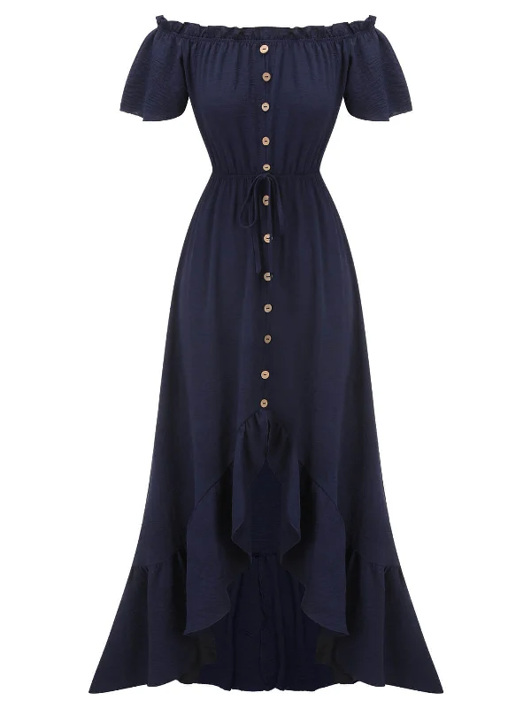 Strapless Women Dress with a Built - in Bra for Comfort and Support1930s Navy Blue One-Shoulder Button Long Dress