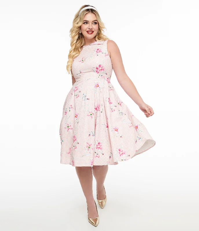 Ball Gown Women Dress with a Full Skirt for a Princess - like Look1950s Pink Gingham & Floral Cotton Swing Dress