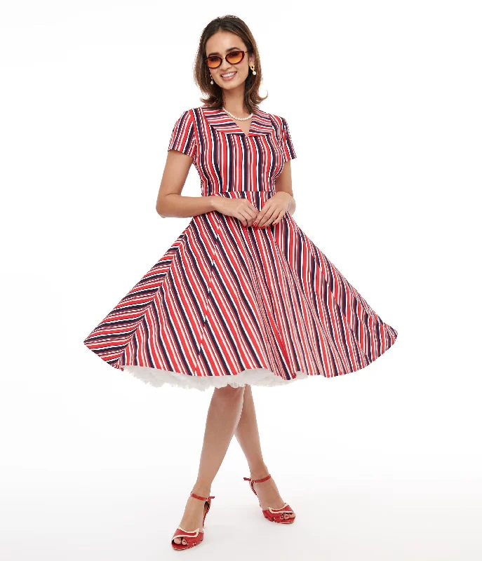 Sheath Women Dress with a Tailored Fit for a Professional Look1950s Red & Navy Blue Striped Fit & Flare Dress