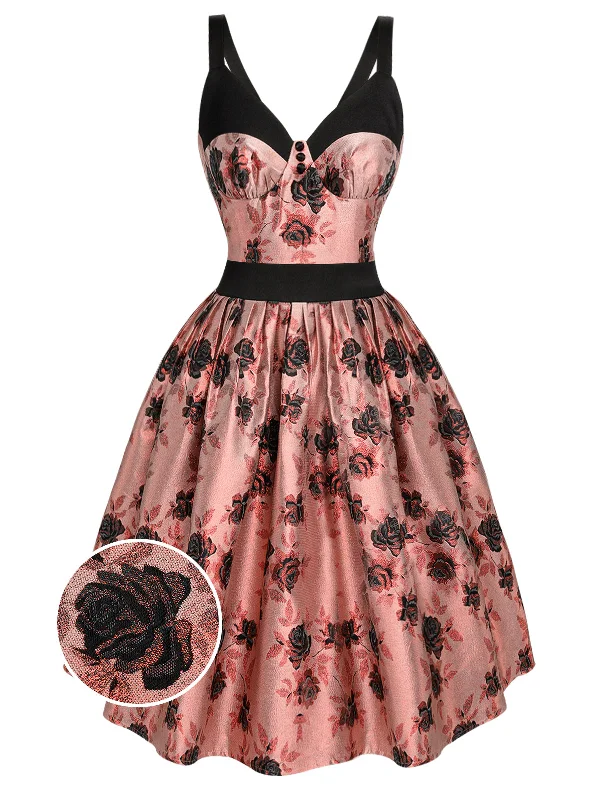 Pleated Women Dress with a Timeless and Elegant Texture1950s Roses Embossed Satin Swing Dress