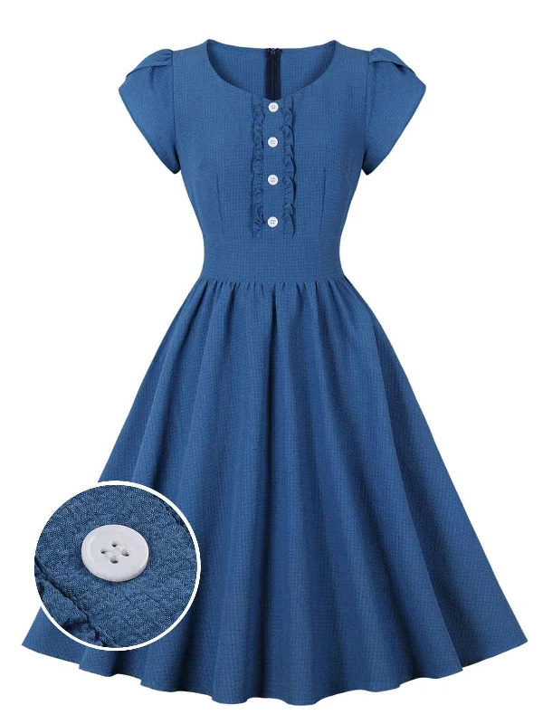 Halter Neck Women Dress to Show Off the Shoulders and Neckline1950s Short Sleeve Ruffles Buttoned Solid Dress