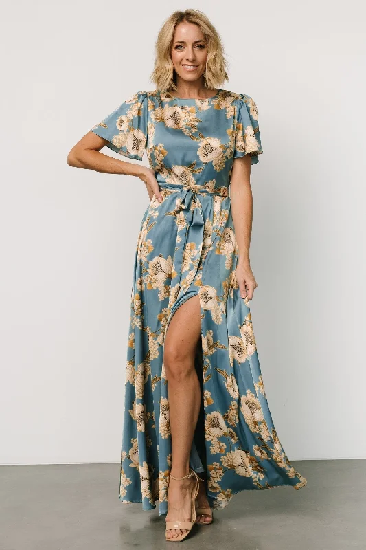 Printed Abstract Women Dress for a Modern and Artistic AppealAgnes Satin Maxi Dress | Blue + Gold