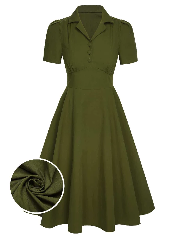 Printed Abstract Women Dress for a Modern and Artistic AppealGreen 1940s Lapel Buttoned Solid Dress