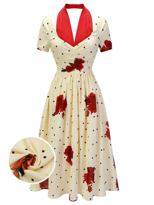 Mermaid - Style Women Dress with a Fitted Silhouette for Special OccasionsBeige 1930s Polka Dot Rose Patchwork Dress