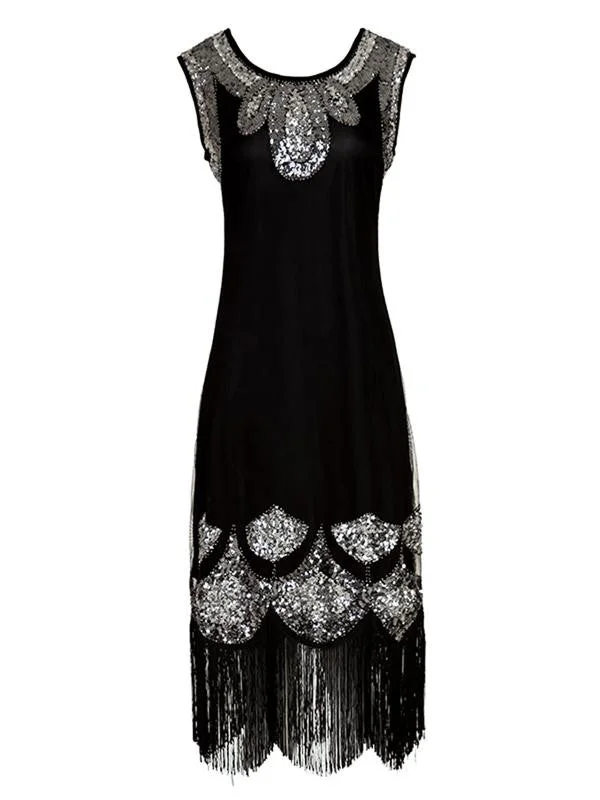 Strapless Women Dress with a Built - in Bra for Comfort and SupportBlack 1920s Sequin Flapper Dresses