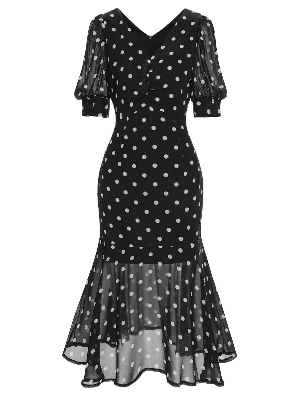 Long - Sleeve Women Dress in Velvet for a Luxurious Winter LookBlack 1930s Polka Dot Mermaid Dress