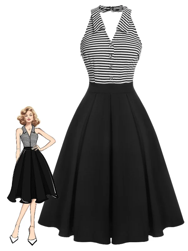 Little Black Women Dress with Sequins for a Glamorous Night OutBlack 1950s Stripe Lapel Halter Patchwork Dress