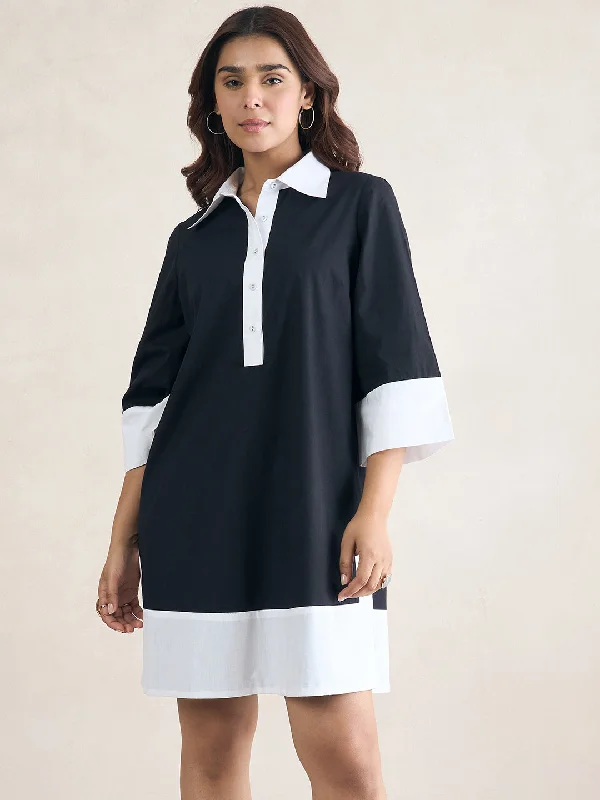 Empire Waist Women Dress to Accentuate the Bust and Conceal the WaistBlack Colorblock Knee Length Shirt Dress