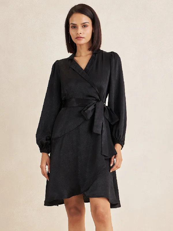 Pleated Women Dress with a Timeless and Elegant TextureBlack Wrap Satin Knee Length Dress