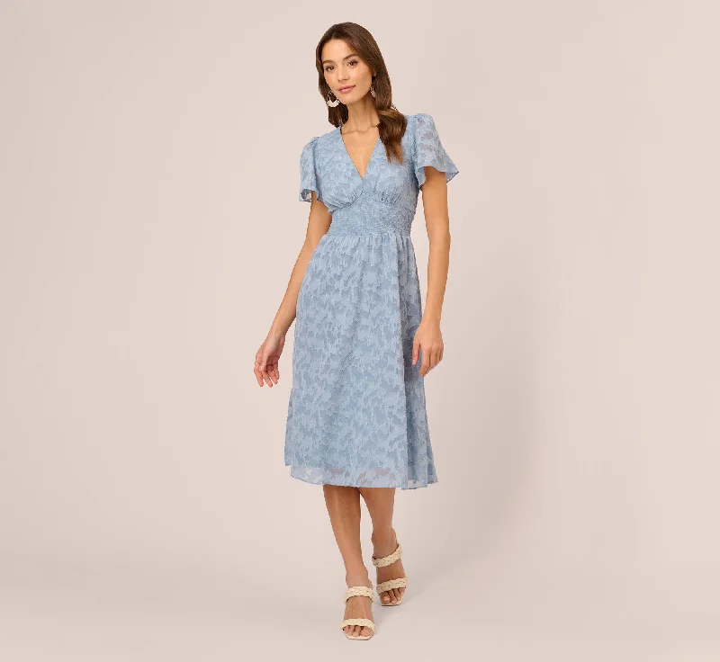 Empire Waist Women Dress to Accentuate the Bust and Conceal the WaistBurnout Smocked Midi Dress With Short Sleeves In Dusty Blue