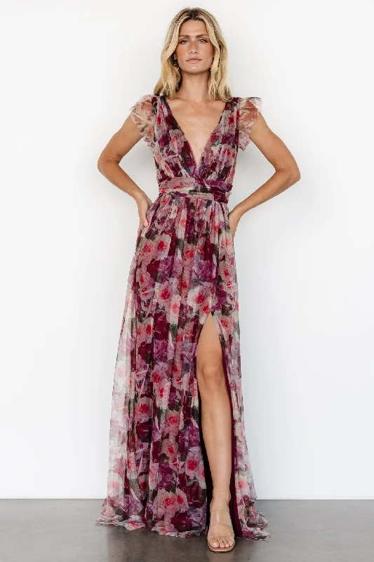 Ruffled Women Dress with Multiple Layers for a Playful and Girly StyleCarmine Maxi Dress | Wine Floral