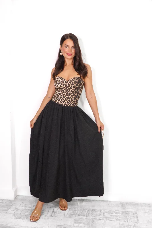 Plus Size Women Dress with a Flattering A - Line Cut for Comfort and StyleCold As Bodice - Beige Leopard Diamante Bodice Maxi Dress