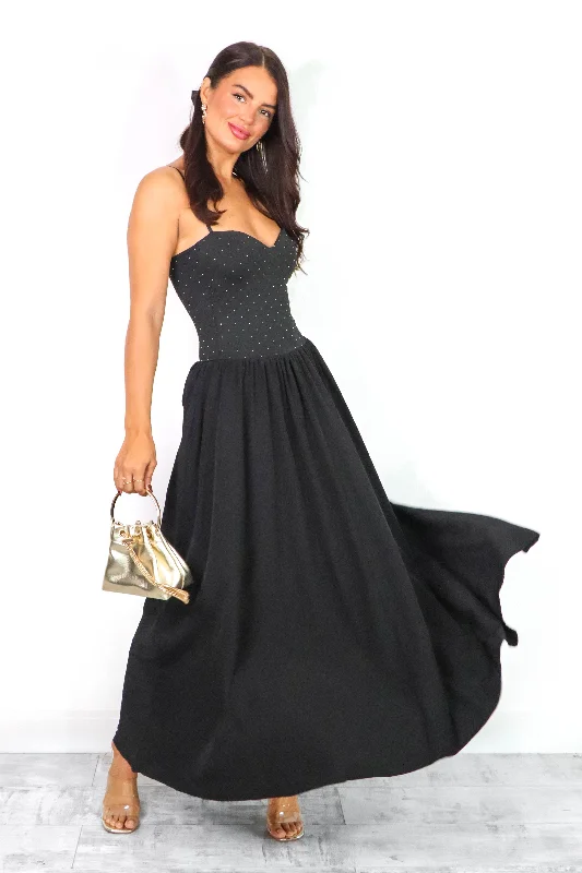 Pleated Women Dress with a Timeless and Elegant TextureCold As Bodice - Black Diamante Bodice Maxi Dress