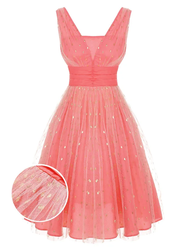 Lace - Embellished Women Dress for an Elegant and Sophisticated AppearanceCoral Pink 1950s V-Neck Sequin Dress