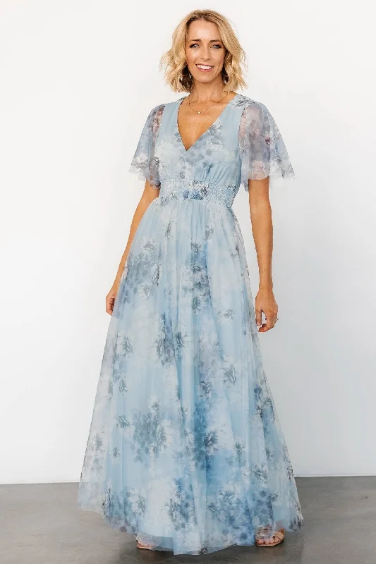 Plus Size Women Dress with a Flattering A - Line Cut for Comfort and StyleCressida Tulle Maxi Dress | Blue + Off White Floral