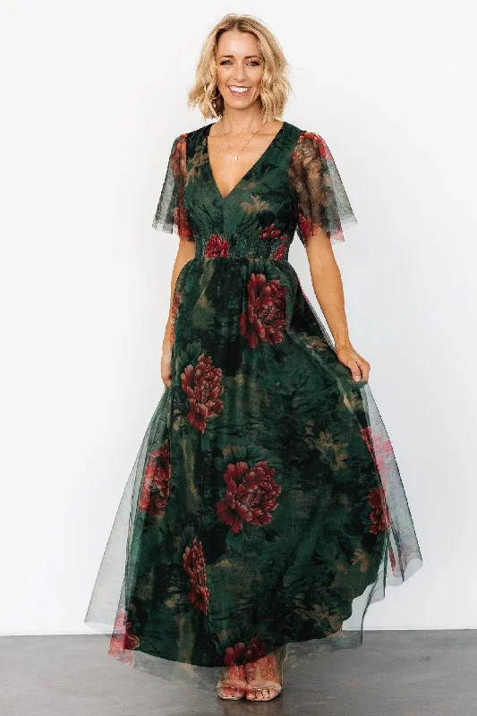 Lace - Embellished Women Dress for an Elegant and Sophisticated AppearanceCressida Tulle Maxi Dress | Dark Green + Red Floral