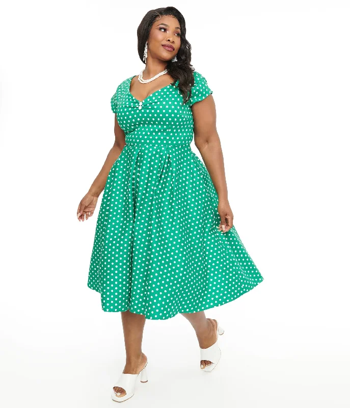 Plus Size Women Dress with a Flattering A - Line Cut for Comfort and StyleDolly & Dotty 1950s Green & White Polka Dot Off The Shoulder Lily Swing Dress