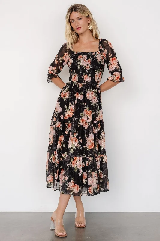 Empire Waist Women Dress to Accentuate the Bust and Conceal the WaistFabian Jacquard Midi Dress | Peach + Black Floral