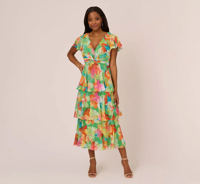 Empire Waist Women Dress to Accentuate the Bust and Conceal the WaistFloral Chiffon Tiered Dress With Flutter Short Sleeves In Green Multi