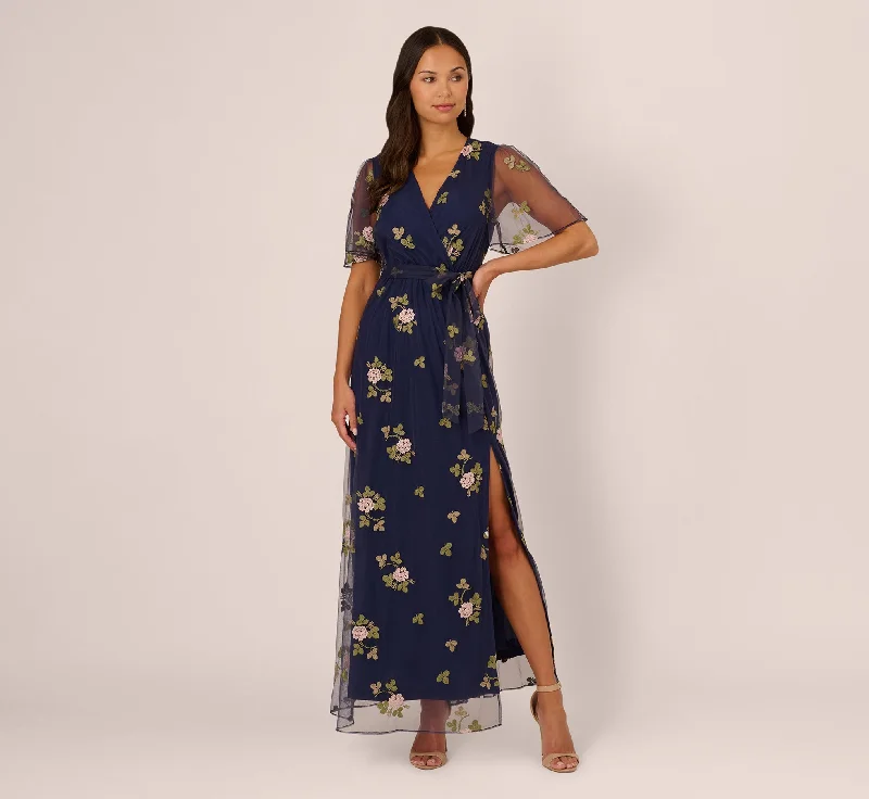 Off - the - Shoulder Women Dress for a Romantic and Feminine LookFloral Embroidered Maxi Dress With Sheer Flutter Sleeves In Navy Multi