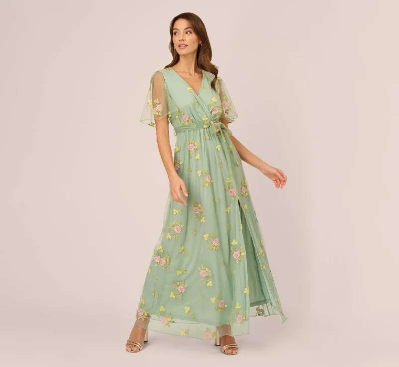 Backless Women Dress for a Sexy and Alluring Look at Evening EventsFloral Embroidered Maxi Dress With Sheer Flutter Sleeves In Sage Multi