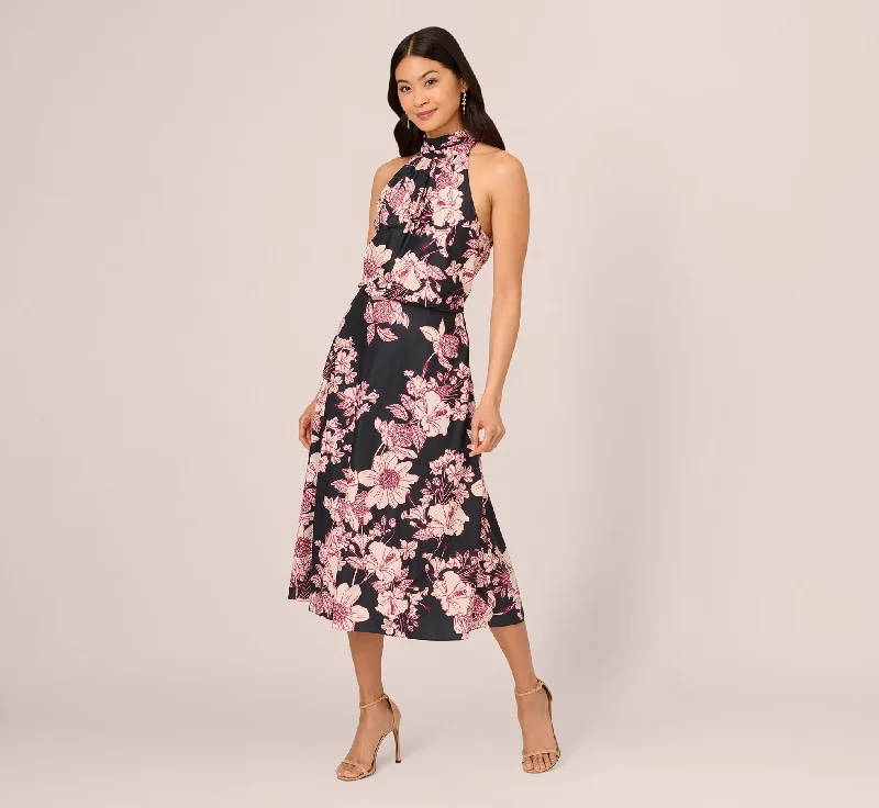 Backless Women Dress for a Sexy and Alluring Look at Evening EventsFloral Print Halter Midi Dress With Mock Neckline In Black Multi