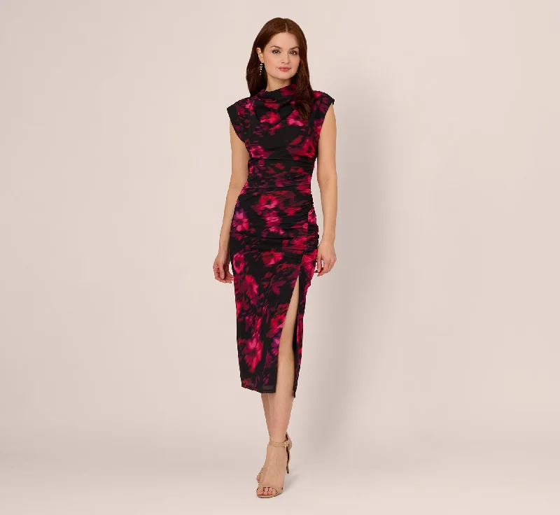 Long - Sleeve Women Dress in Velvet for a Luxurious Winter LookFloral Print Jersey Ankle Length Dress With Draped Details In Black Pink Multi