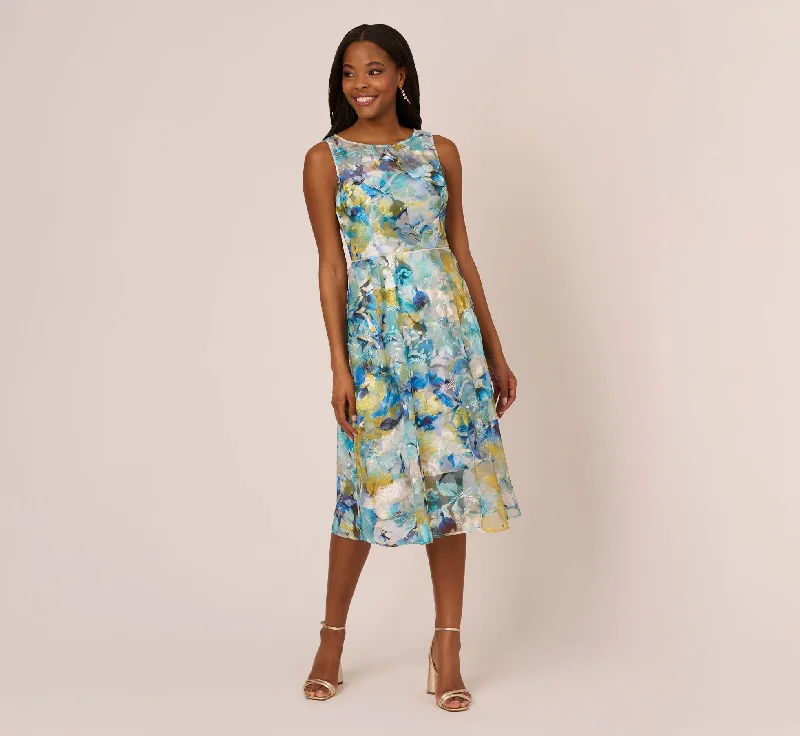 Shift Women Dress with a Simple and Classic Design for Everyday WearFloral Print Sleeveless Midi Dress With Sheer Neckline In Blue Ivory Multi