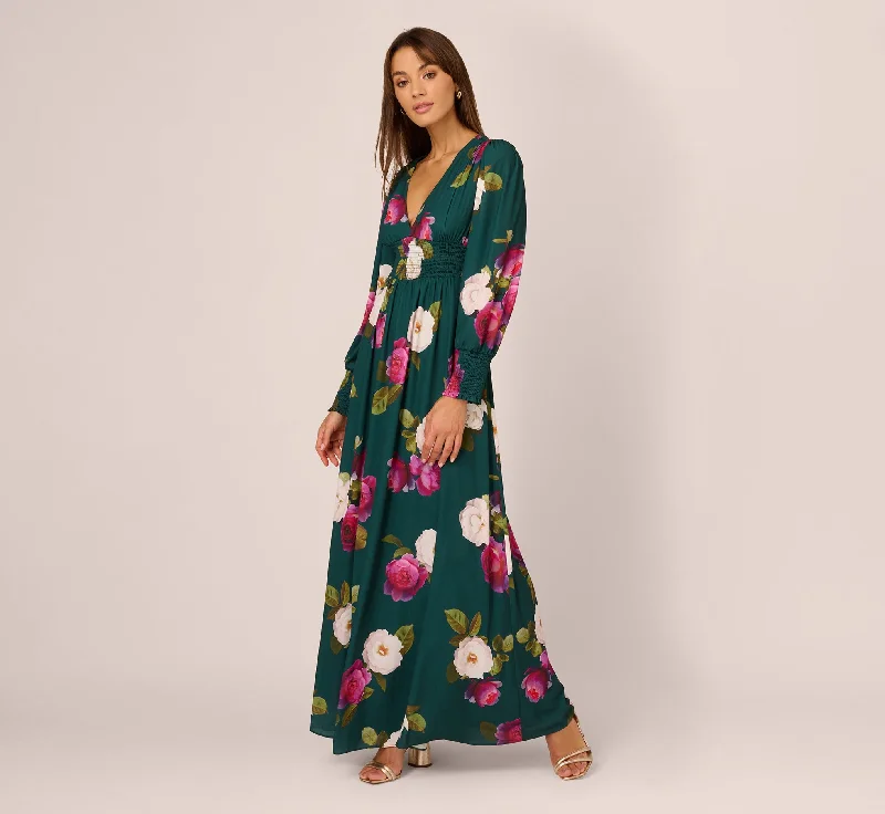 Off - the - Shoulder Women Dress for a Romantic and Feminine LookFloral Smock Maxi Dress With Long Sleeves In Green Multi