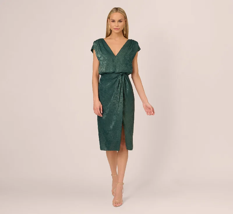 Halter Neck Women Dress to Show Off the Shoulders and NecklineFoil Blouson Midi Dress With Faux Wrap Skirt In Dark Ivy