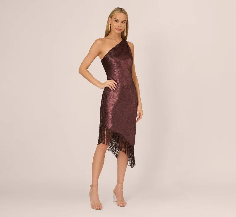 Halter Neck Women Dress to Show Off the Shoulders and NecklineFoiled One Shoulder Asymmetrical Dress With Fringe Hem In Blackened Red