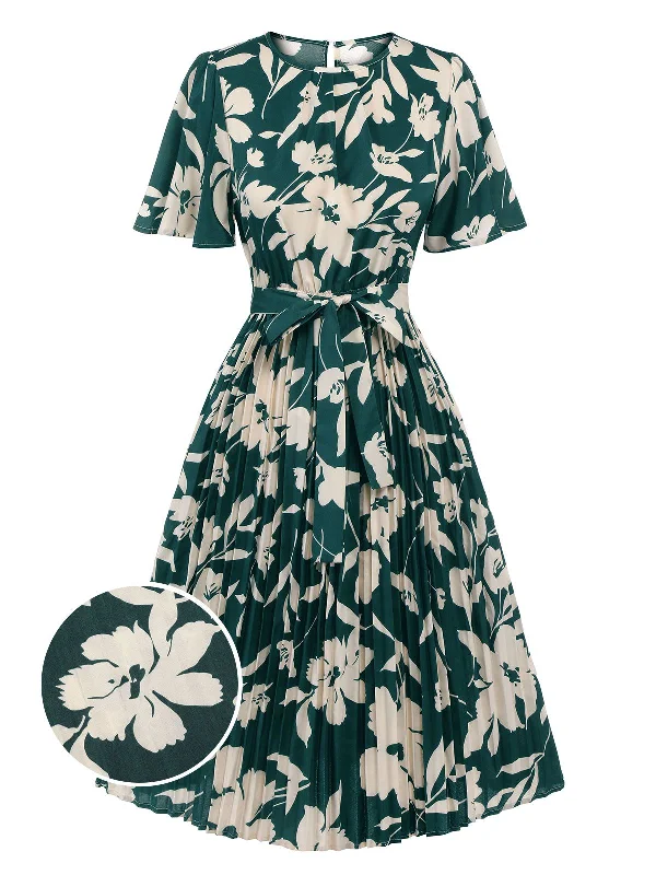 Sleeveless Women Dress in Bright Colors for Summer PartiesGreen 1940s Floral Pleated Belt Dress