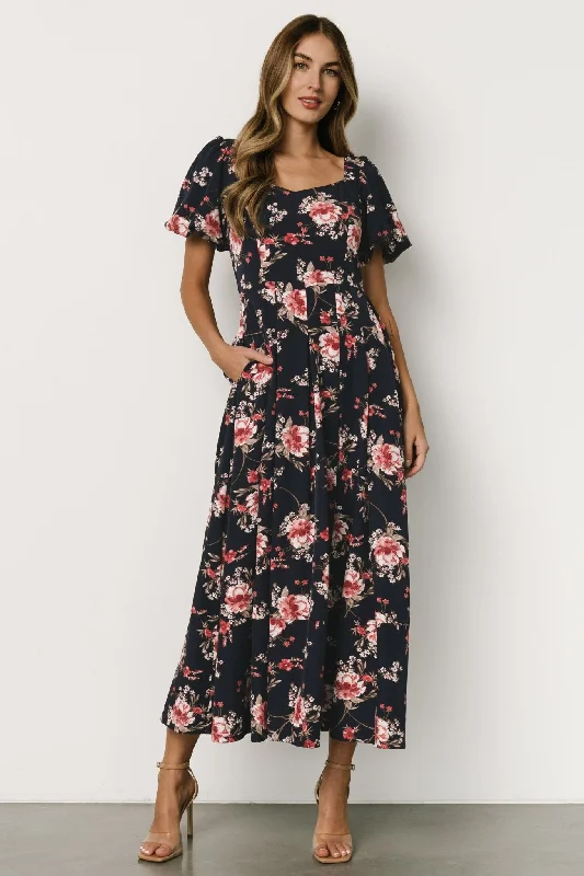 Sleeveless Women Dress in Bright Colors for Summer PartiesGreta Pleated Maxi Dress | Navy + Pink Floral