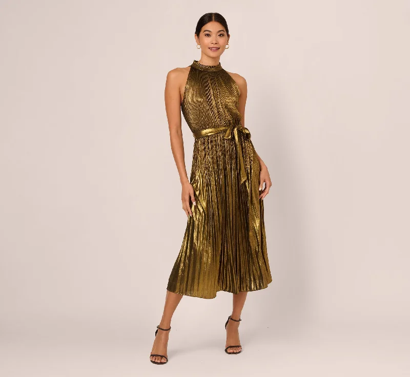 Ball Gown Women Dress with a Full Skirt for a Princess - like LookHalter Pleated Metallic Dress In Gold