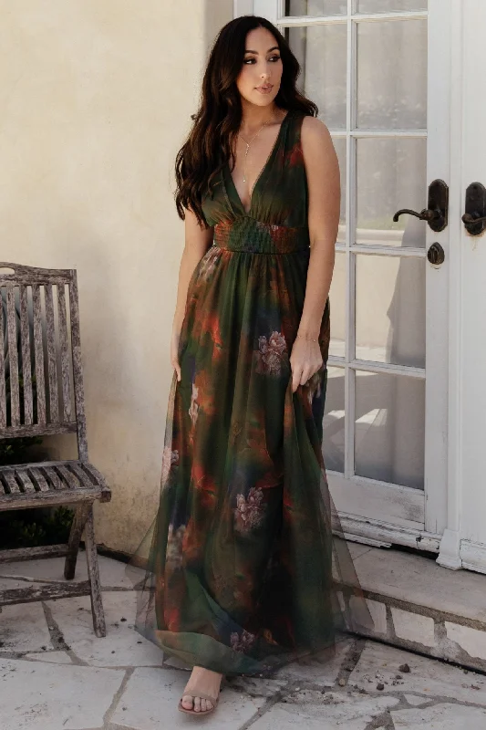 Shift Women Dress with a Simple and Classic Design for Everyday WearKamila Tulle Maxi Dress | Olive Multi Floral