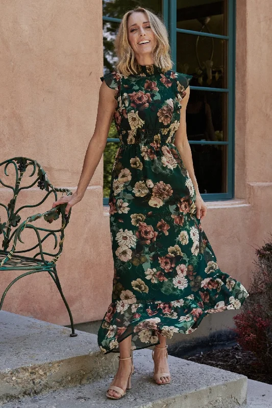 Halter Neck Women Dress to Show Off the Shoulders and NecklineKearny Ruffle Maxi Dress | Dark Green Floral