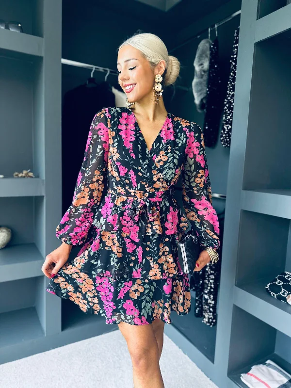 Little Black Women Dress with Sequins for a Glamorous Night OutKim Long sleeve Floral Tiered Mini Dress