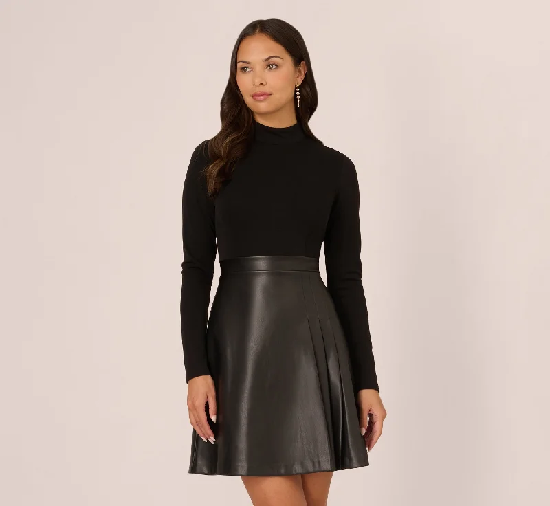 Shift Women Dress with a Simple and Classic Design for Everyday WearLong Sleeve Ponte Knit Dress With Faux Leather Skirt In Black