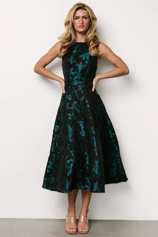 Strapless Women Dress with a Built - in Bra for Comfort and SupportMaren Embossed Midi Dress | Black + Teal Floral