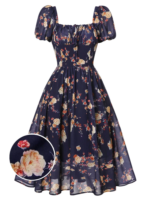 Wrap - Style Women Dress with Adjustable Fit for All Body TypesNavy Blue Floral Bubble Sleeves Dress