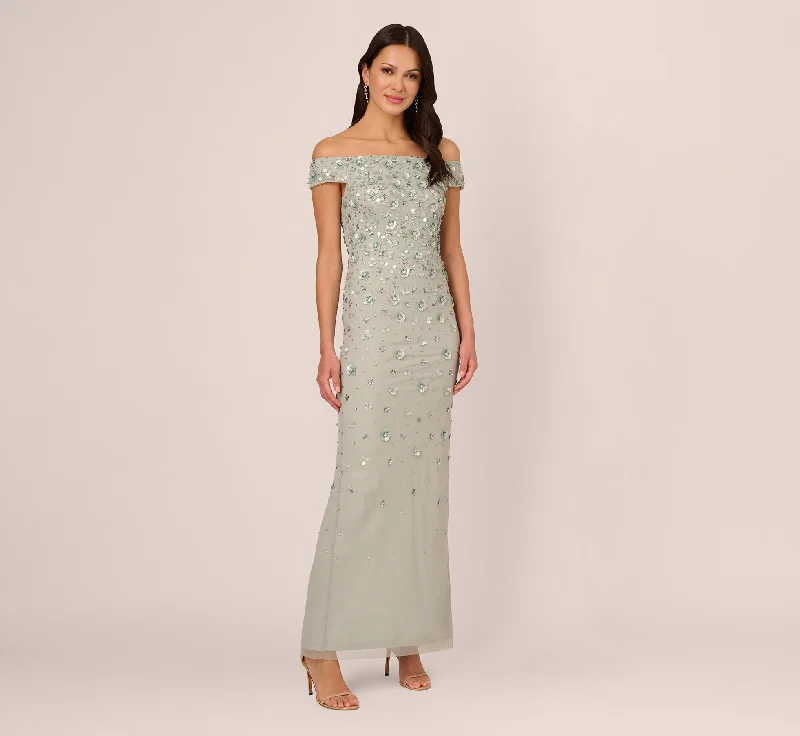 Mermaid - Style Women Dress with a Fitted Silhouette for Special OccasionsOff Shoulder Dress With Floral Embellishment In Frosted Sage