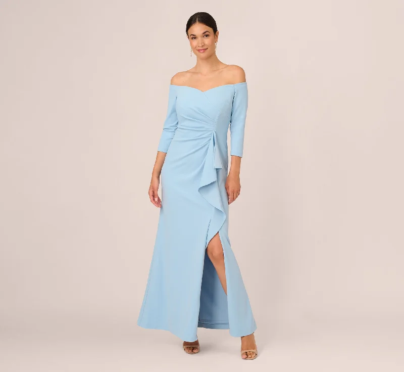 Lace - Embellished Women Dress for an Elegant and Sophisticated AppearanceOff The Shoulder Cascading Ruffle Gown In Blue Mist