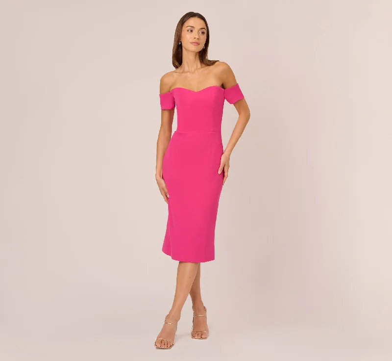 Empire Waist Women Dress to Accentuate the Bust and Conceal the WaistOff The Shoulder Midi Dress With Sweetheart Neckline In Brilliant Fuchsia