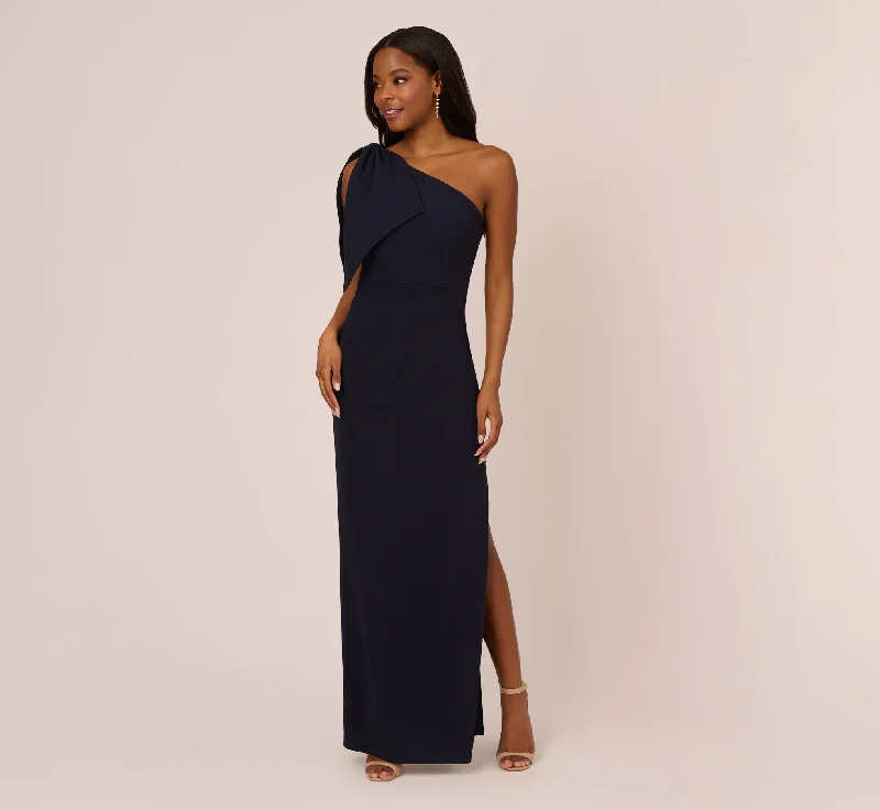 Mini Women Dress with a Short Hem for a Young and Trendy StyleOne Shoulder Crepe Gown With Bow Accent In Midnight