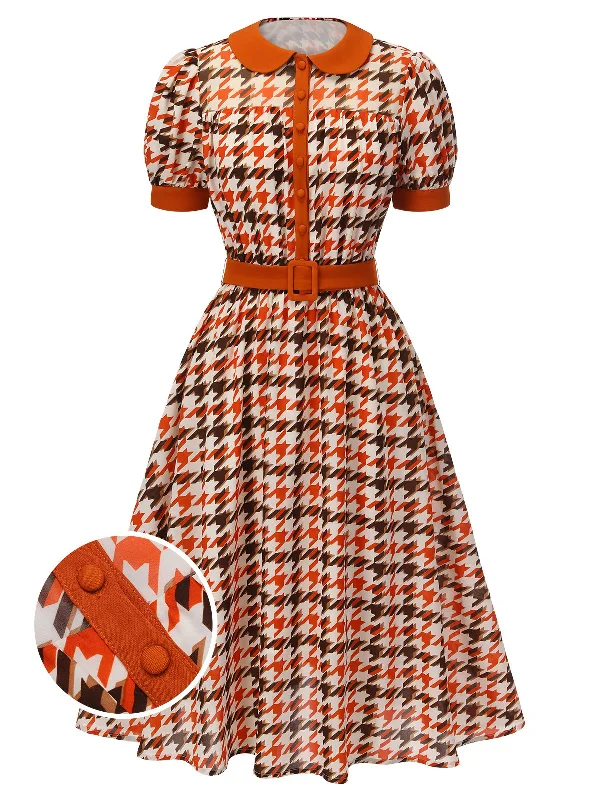 Backless Women Dress for a Sexy and Alluring Look at Evening EventsOrange 1940s Houndstooth Doll Collar Dress